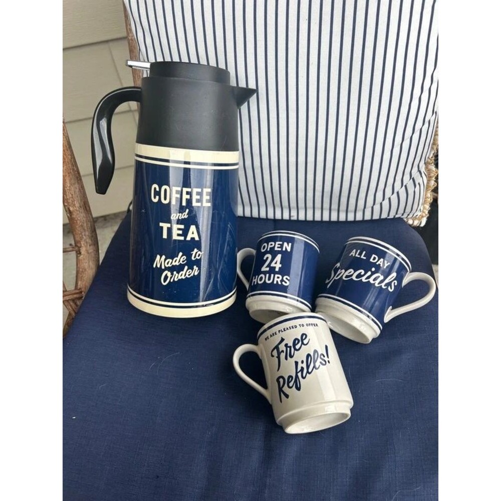 Kate Spade Lenox All In Good Taste Orders Up Navy Blue Carafe and Mugs Set